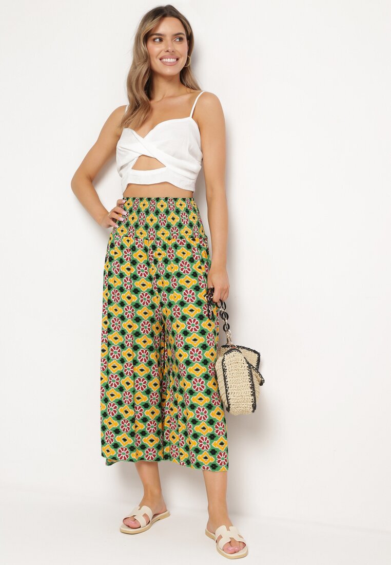 defox Pantaloni Culottes Galben-Verzi Largi cu model mozaic din Bumbac Nanatill