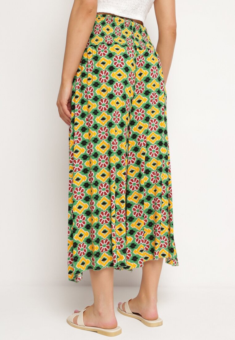 defox Pantaloni Culottes Galben-Verzi Largi cu model mozaic din Bumbac Nanatill