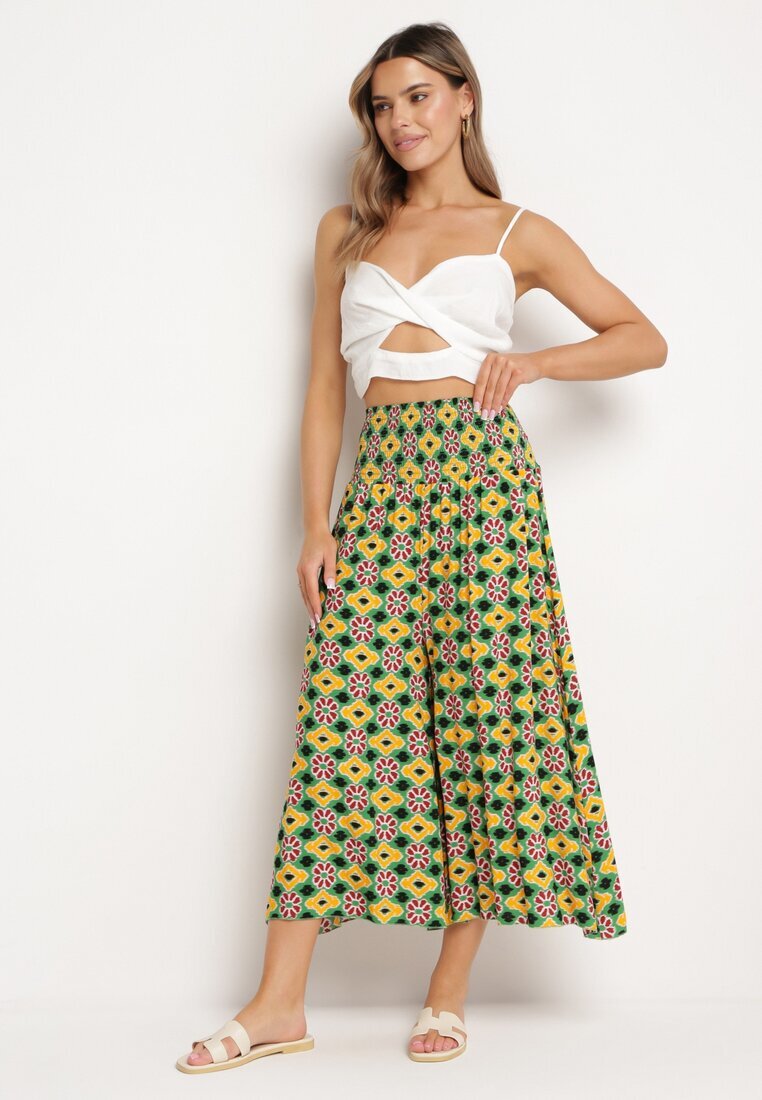 defox Pantaloni Culottes Galben-Verzi Largi cu model mozaic din Bumbac Nanatill
