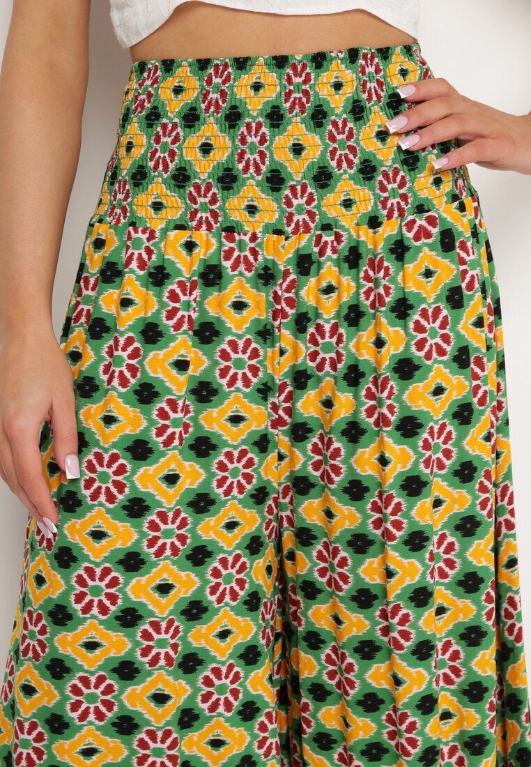 defox Pantaloni Culottes Galben-Verzi Largi cu model mozaic din Bumbac Nanatill