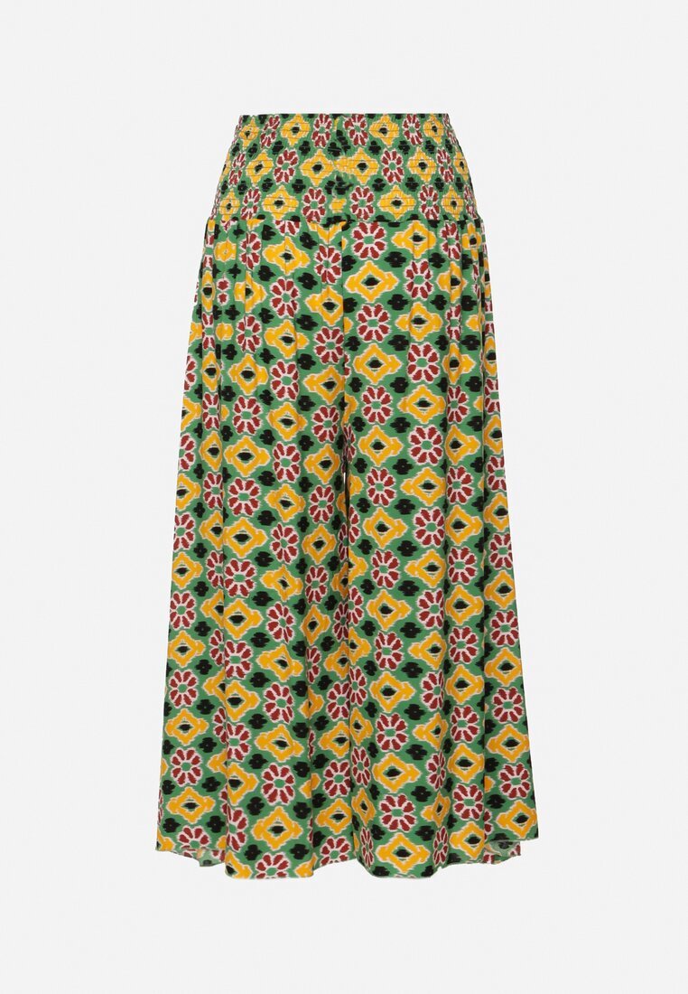 defox Pantaloni Culottes Galben-Verzi Largi cu model mozaic din Bumbac Nanatill