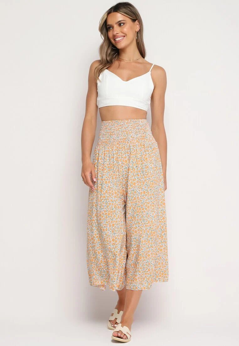 defox Pantaloni culottes Portocaliu-Albastru cu bandă elastică lată în talie din bumbac Arisbel