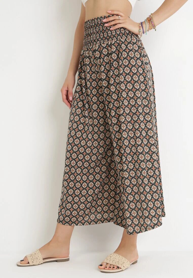 defox Pantaloni culottes verde închis cu craci largi 7/8 și talie elastică Thatasia