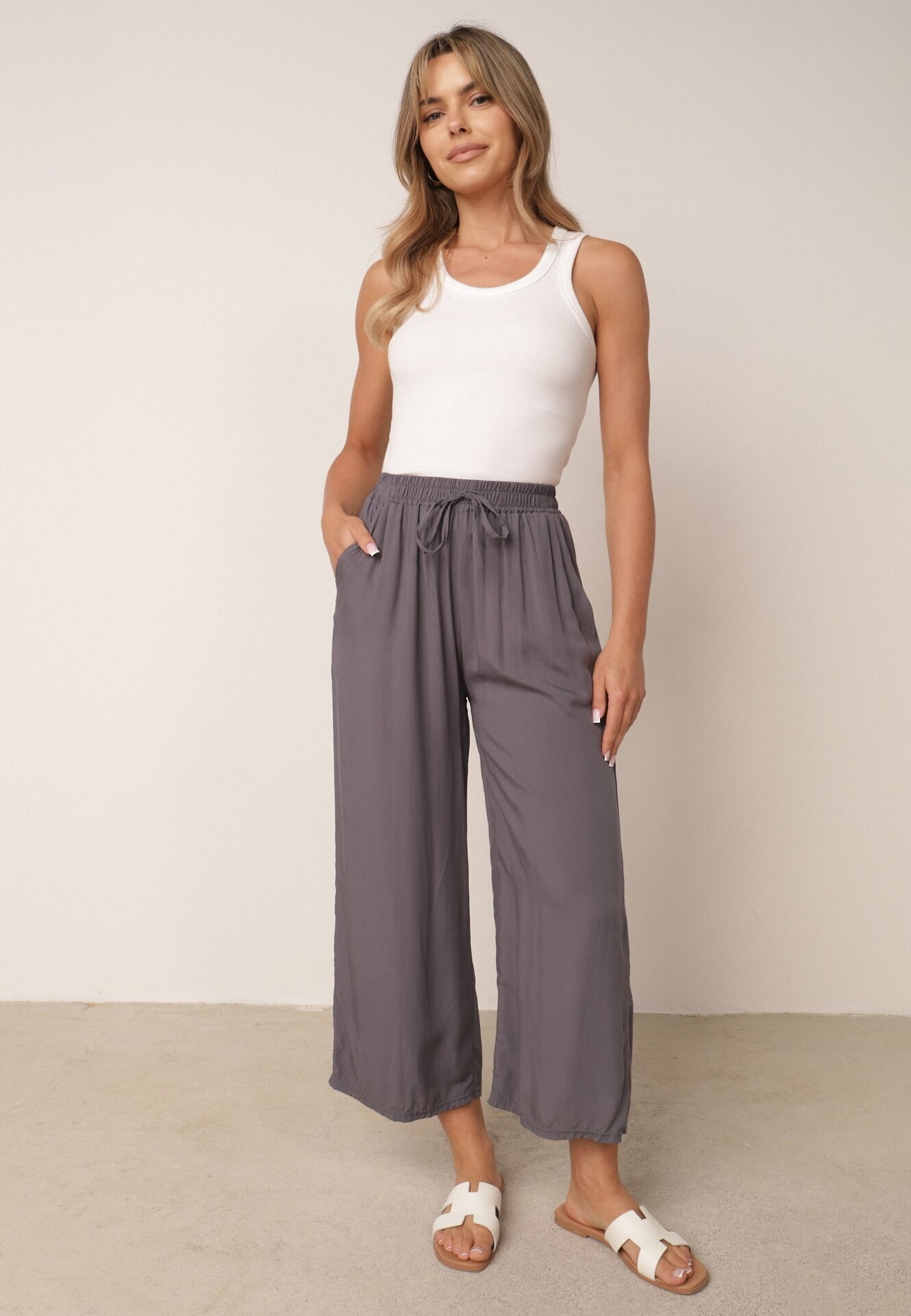 defox Pantaloni de bumbac gri închis cu picioare largi Palazzo cu elastic în talie Nesira