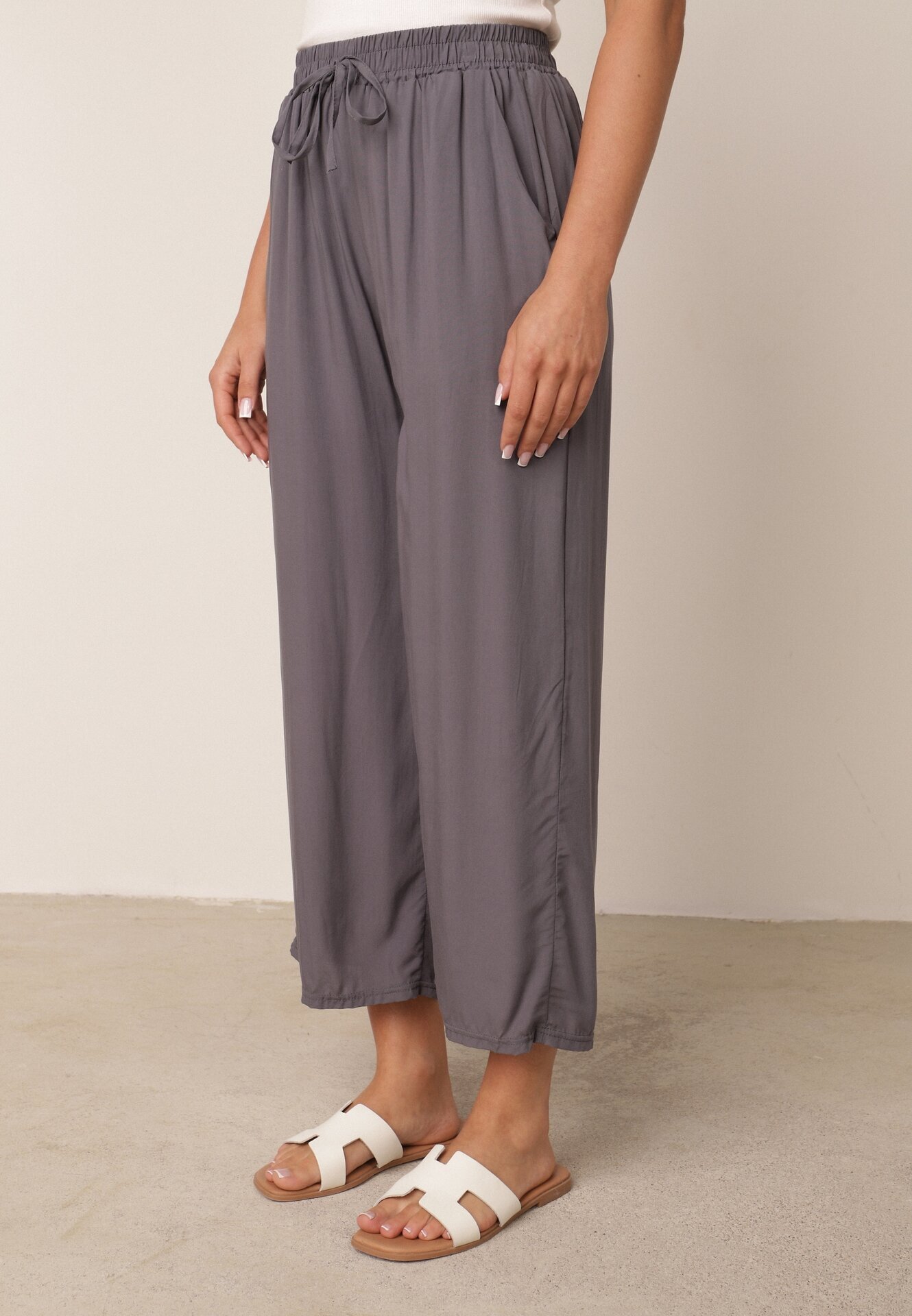 defox Pantaloni de bumbac gri închis cu picioare largi Palazzo cu elastic în talie Nesira