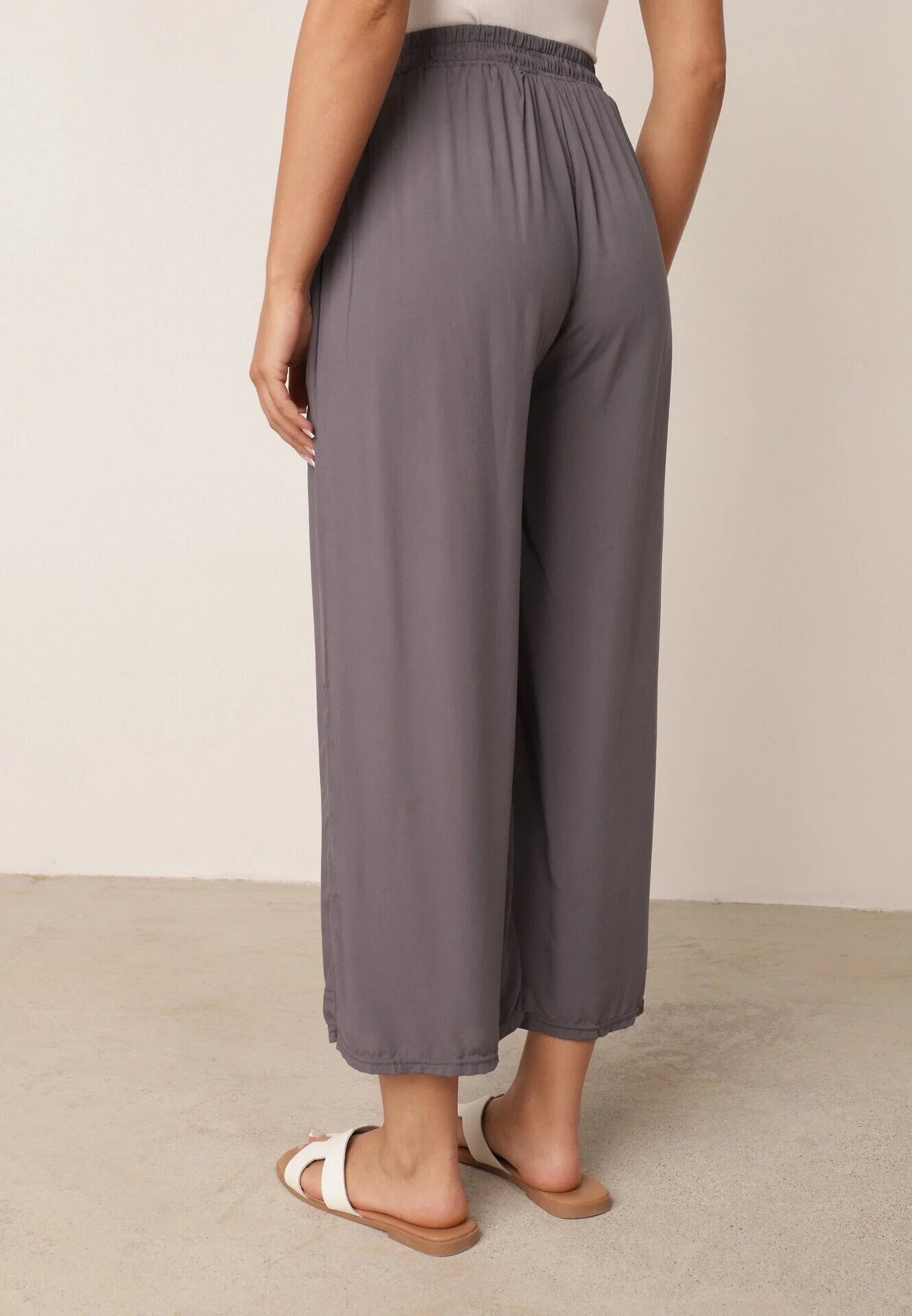 defox Pantaloni de bumbac gri închis cu picioare largi Palazzo cu elastic în talie Nesira