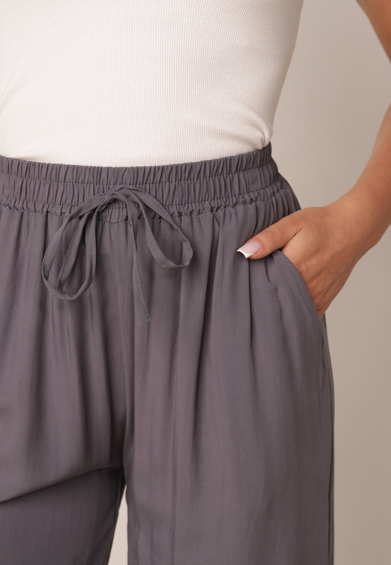 defox Pantaloni de bumbac gri închis cu picioare largi Palazzo cu elastic în talie Nesira