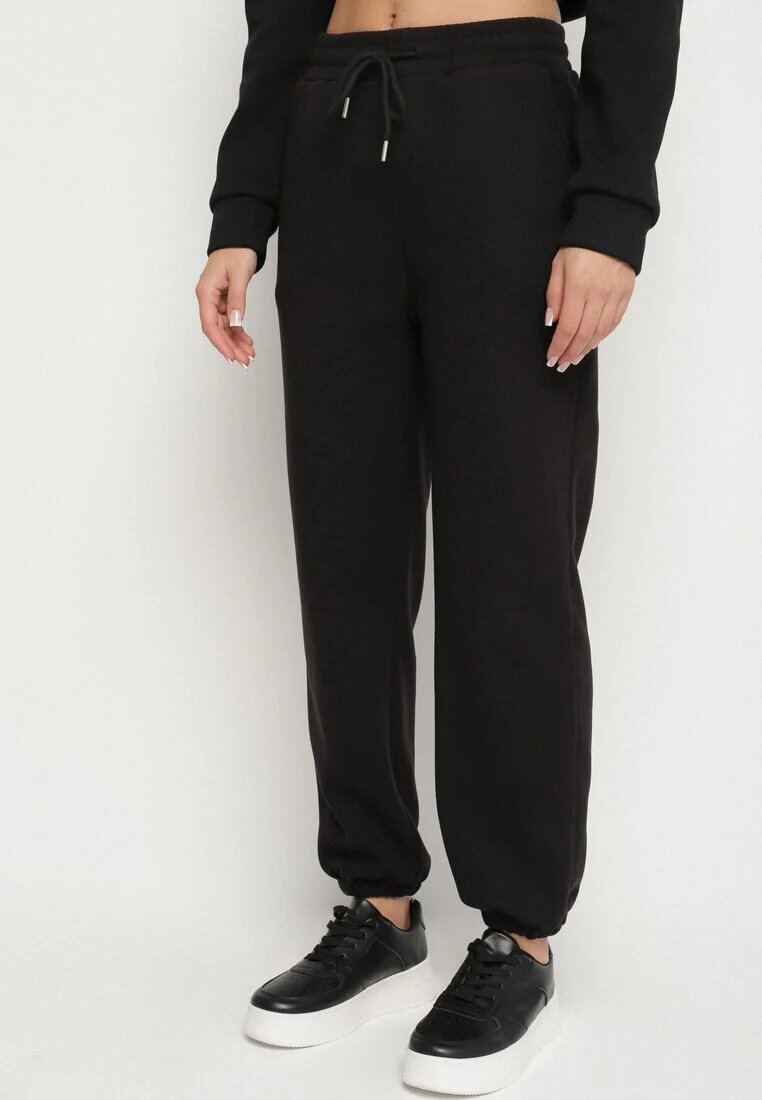 defox Pantaloni de trening din bumbac Negre cu șnur și căptușeală de polar Saliavera