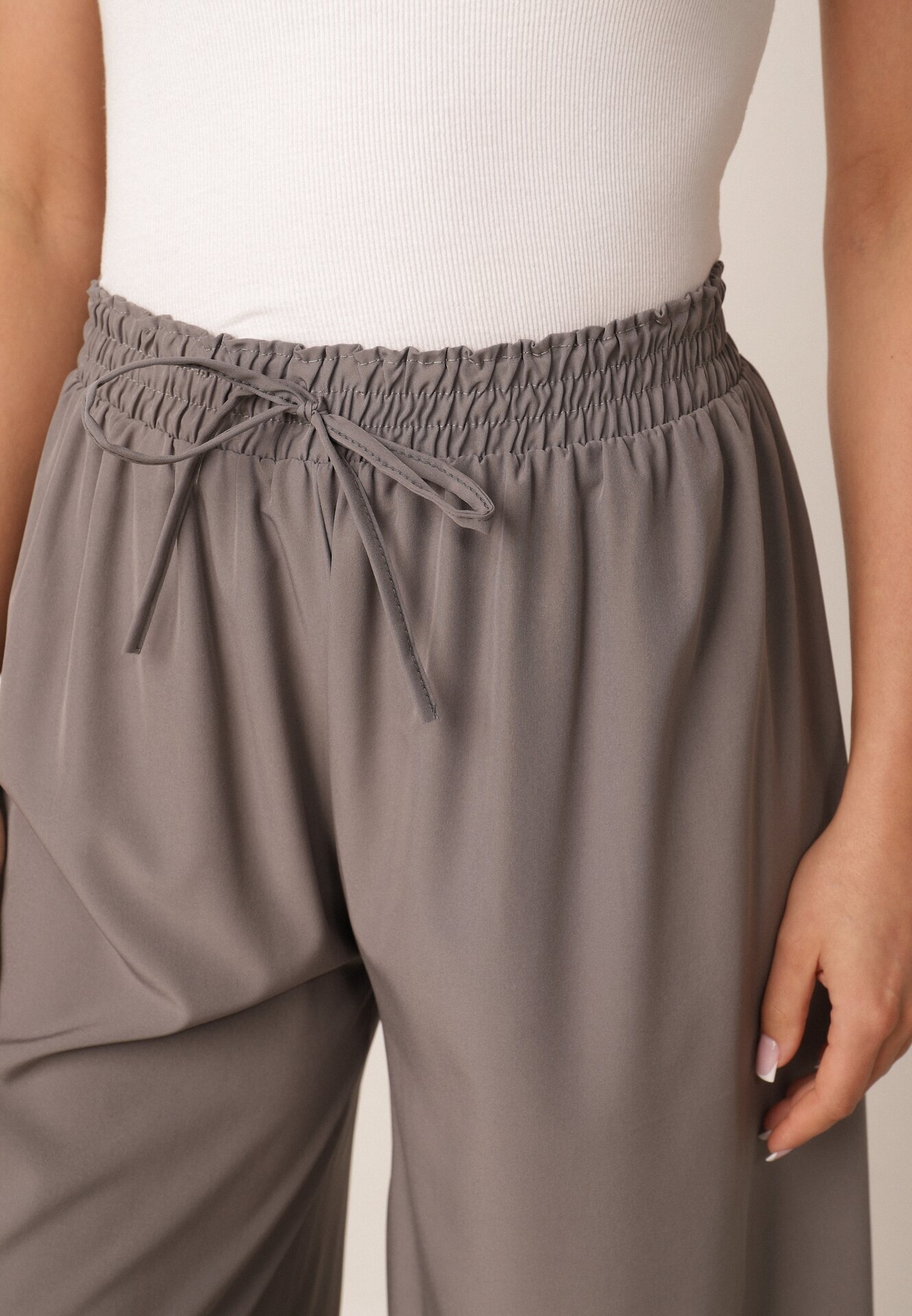 defox Pantaloni Largi Gri cu Talie Înaltă din Viscoză și cu elastic în talie Criseldas