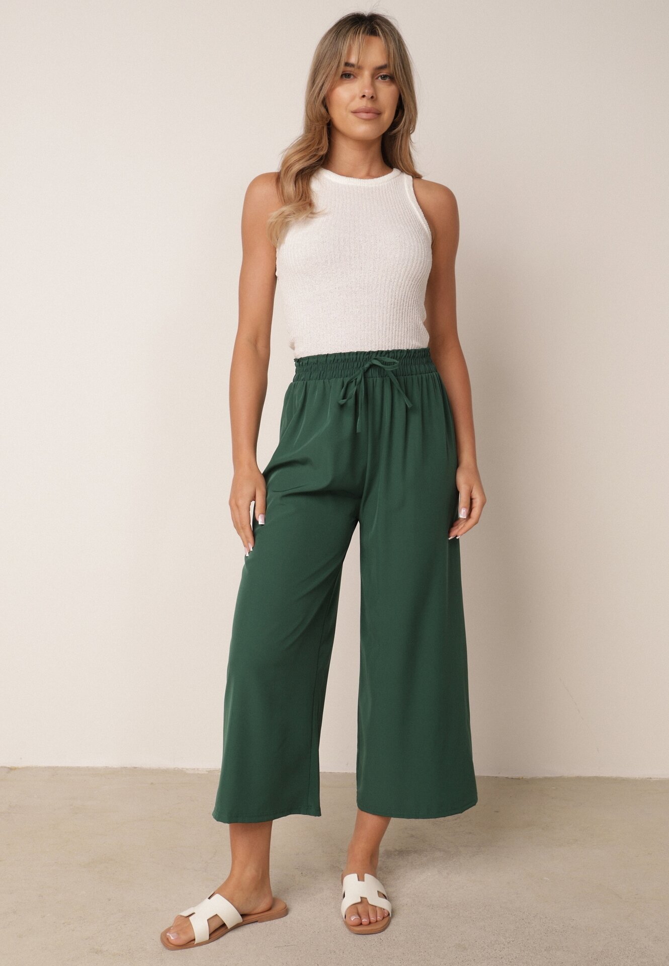 defox Pantaloni Largi Verde închis cu Talie Înaltă cu Viscoză și Elastic în Talie Criseldas