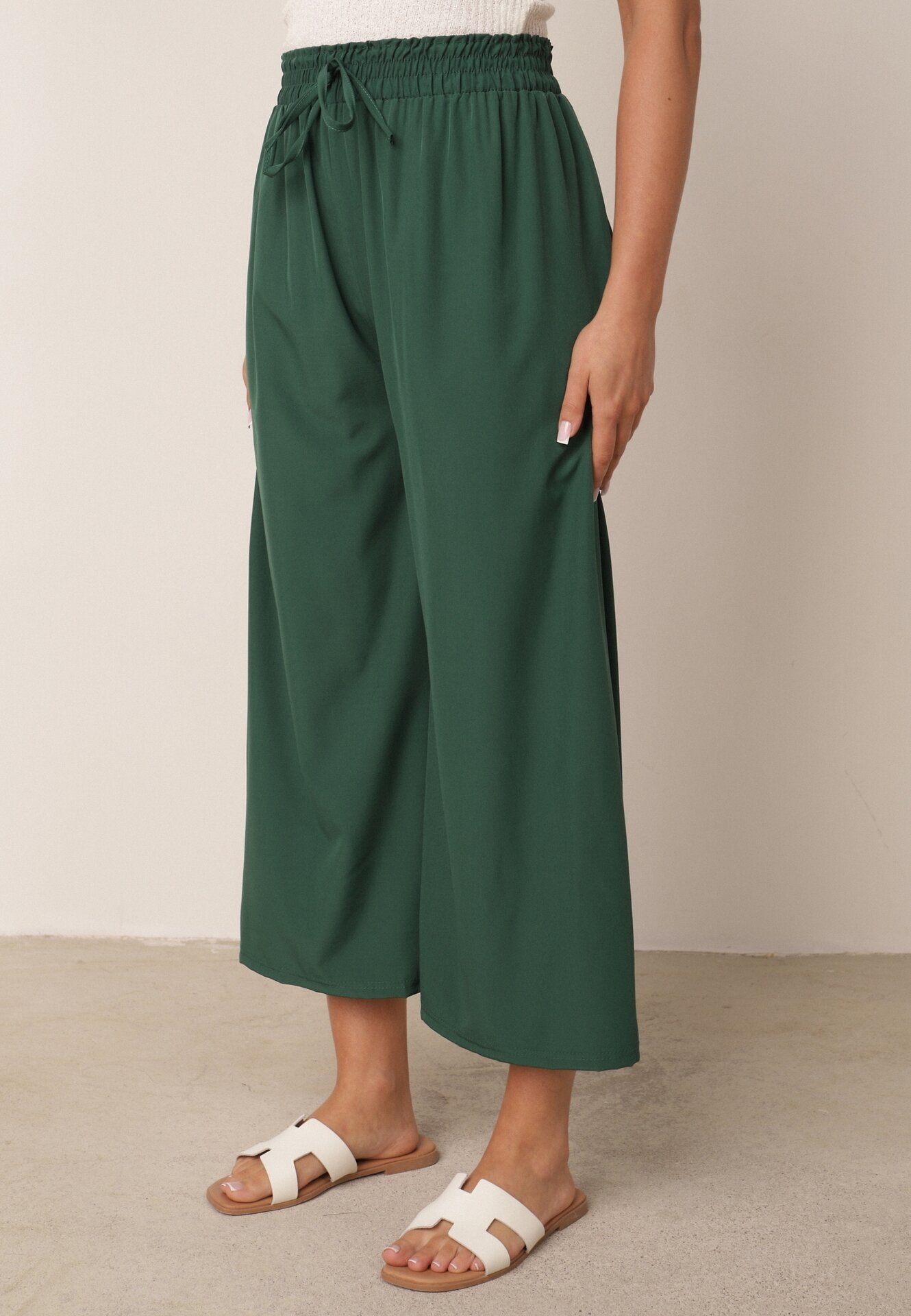 defox Pantaloni Largi Verde închis cu Talie Înaltă cu Viscoză și Elastic în Talie Criseldas