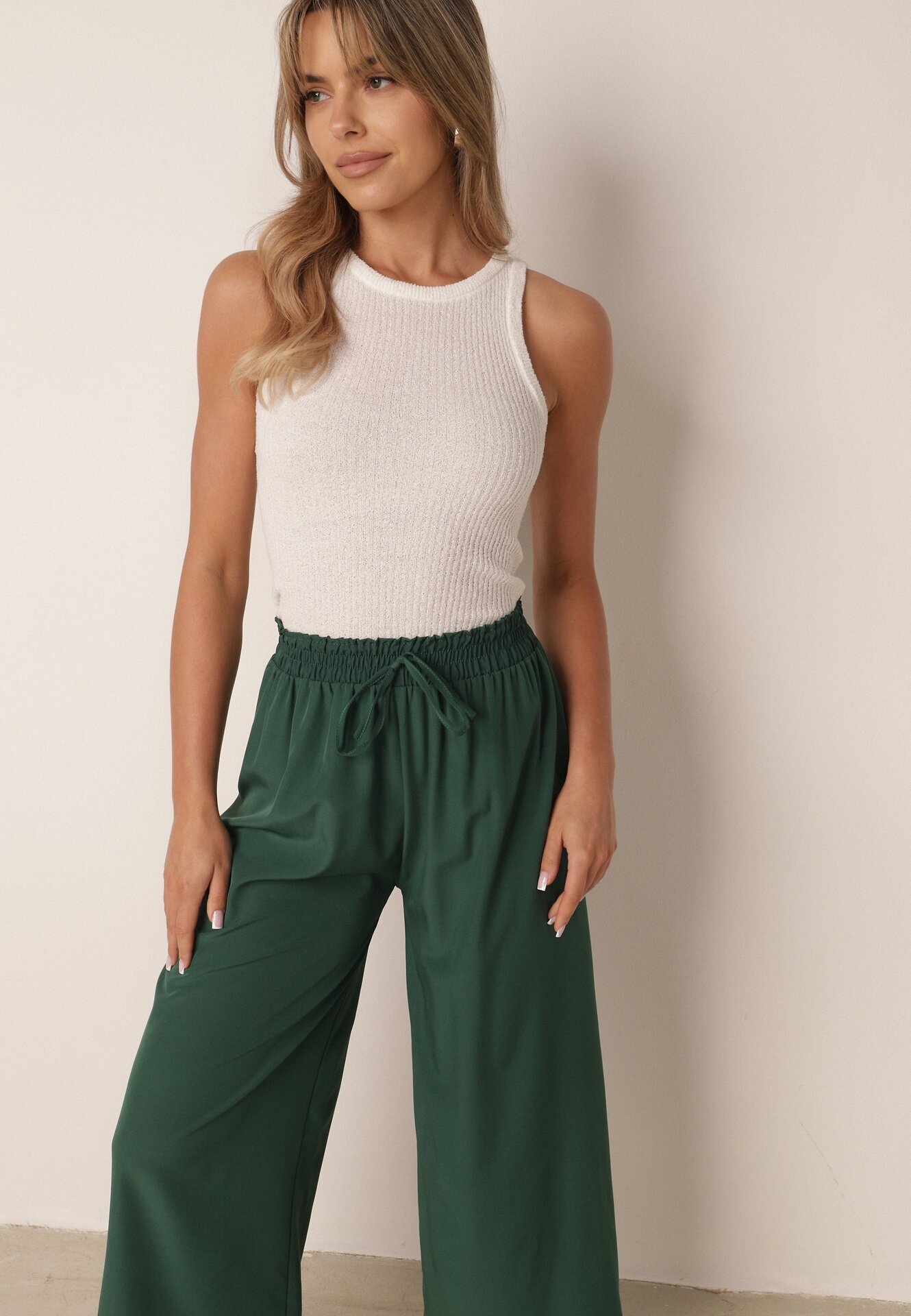 defox Pantaloni Largi Verde închis cu Talie Înaltă cu Viscoză și Elastic în Talie Criseldas