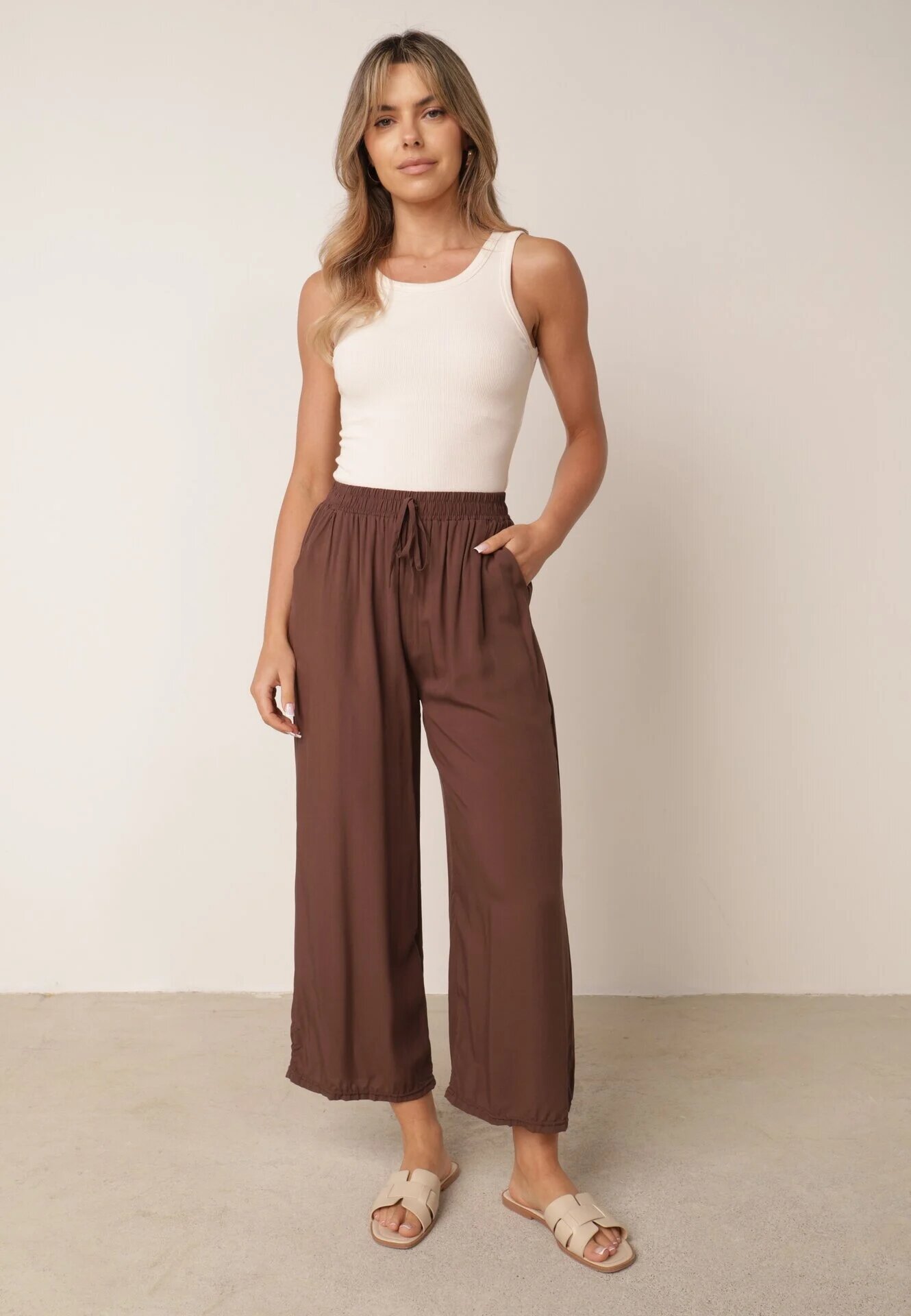 defox Pantaloni Maro Din Bumbac cu picioare largi Palazzo cu elastic în talie Nesira