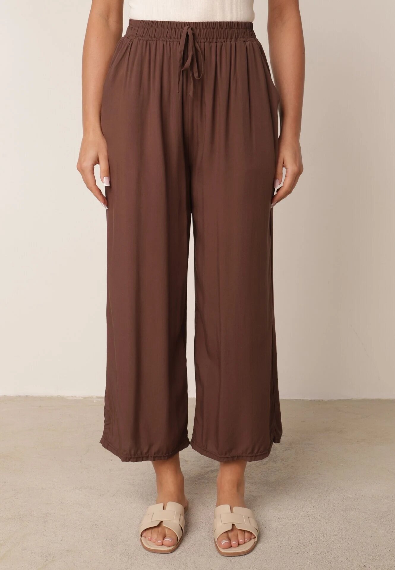defox Pantaloni Maro Din Bumbac cu picioare largi Palazzo cu elastic în talie Nesira
