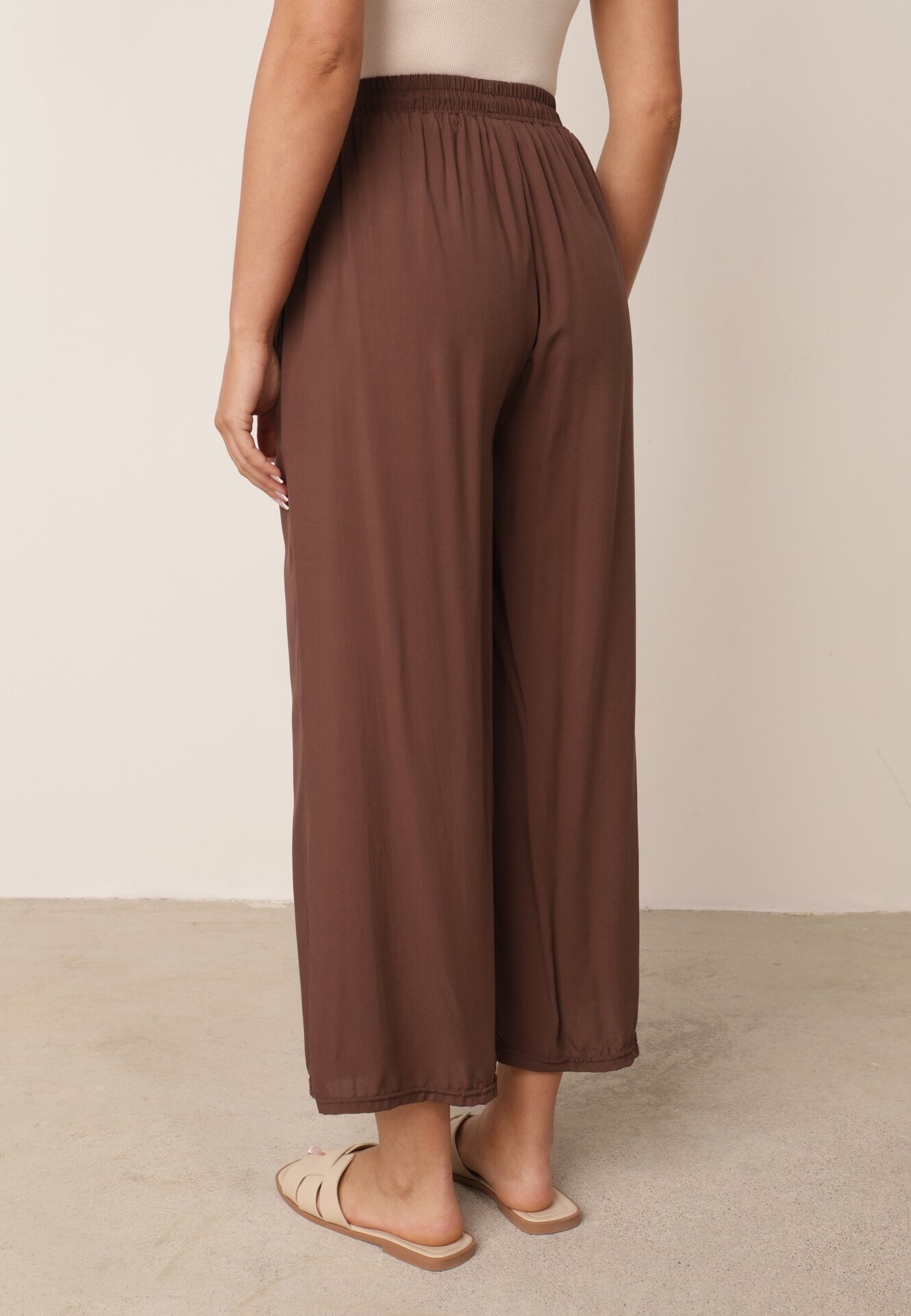 defox Pantaloni Maro Din Bumbac cu picioare largi Palazzo cu elastic în talie Nesira