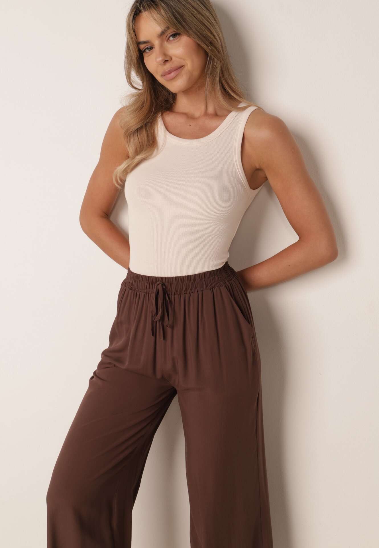 defox Pantaloni Maro Din Bumbac cu picioare largi Palazzo cu elastic în talie Nesira