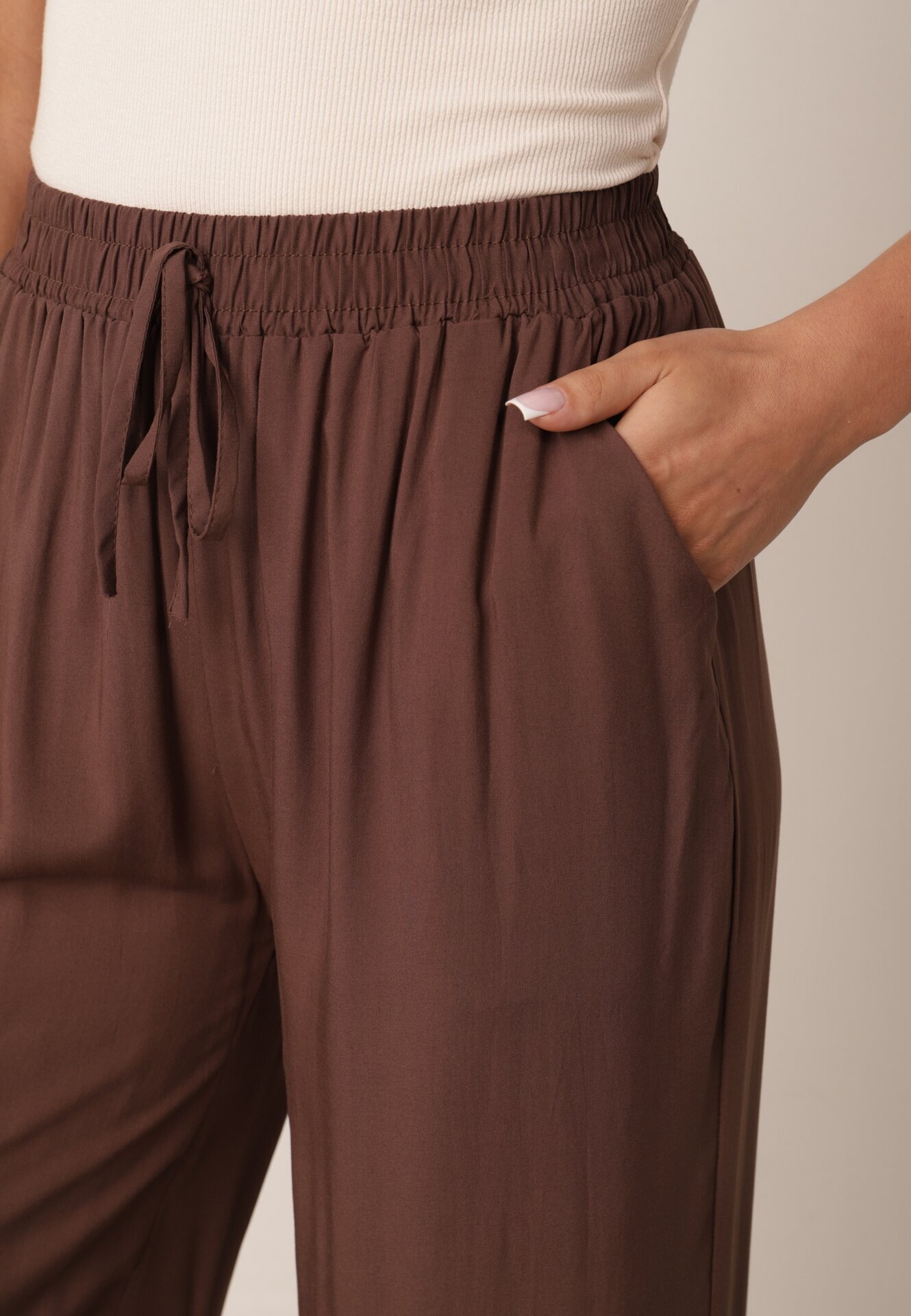 defox Pantaloni Maro Din Bumbac cu picioare largi Palazzo cu elastic în talie Nesira
