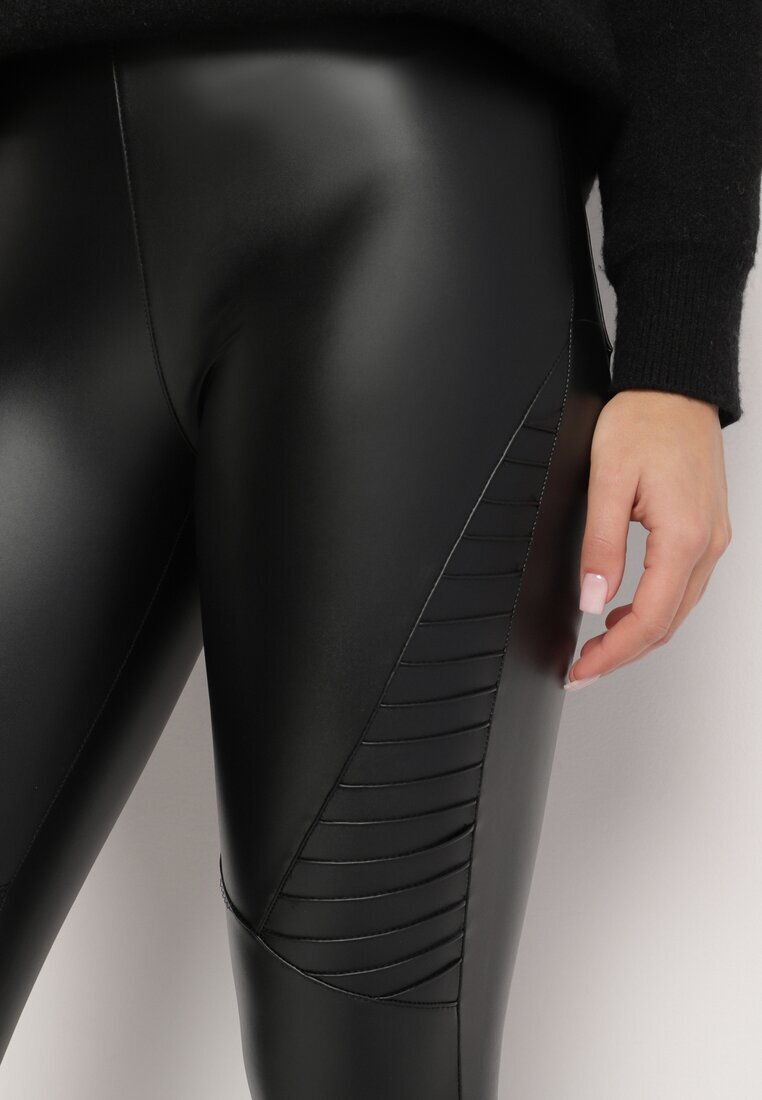 defox Pantaloni Negri Căptușiți din Imitație de Piele cu Talie Înaltă și Croială Mulată Rivaki