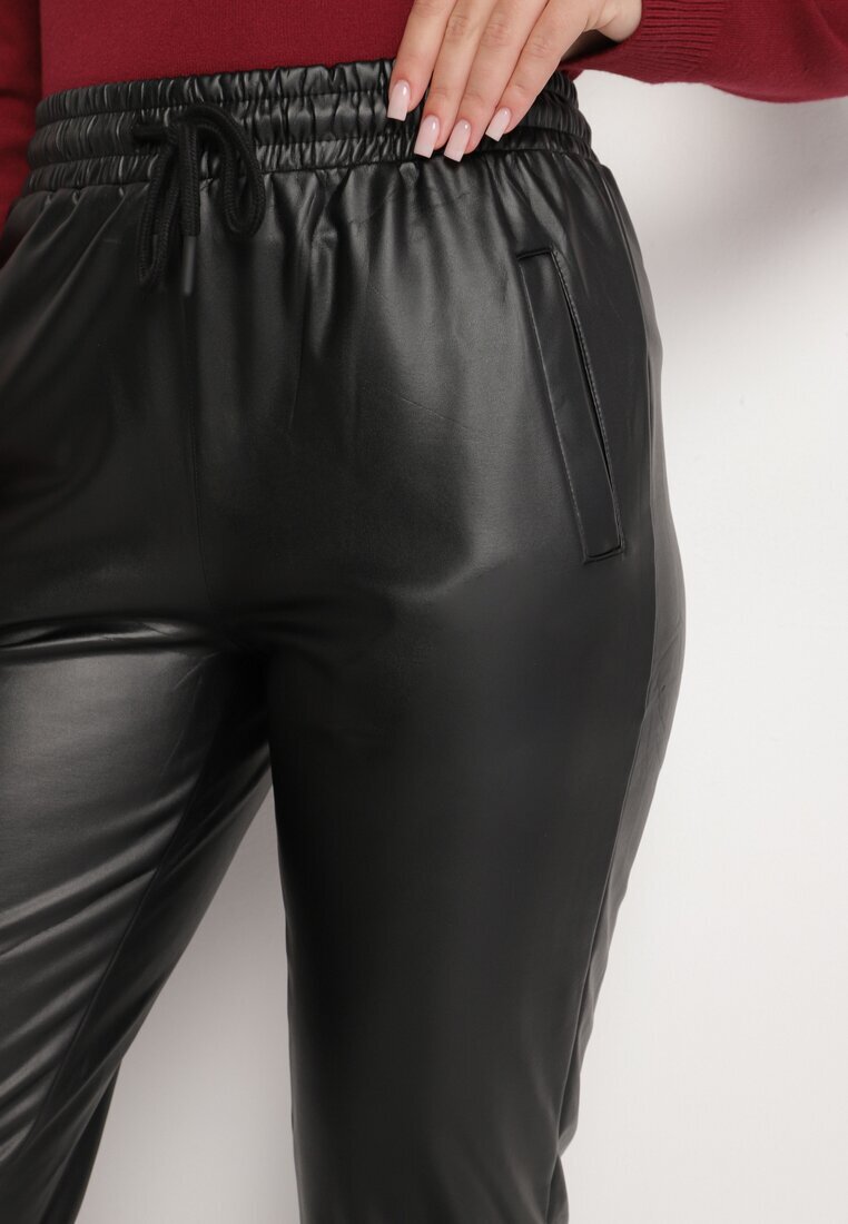 defox Pantaloni Negri cu Talie Înaltă din Imitație de Piele cu Elastic în Talie Esarienne