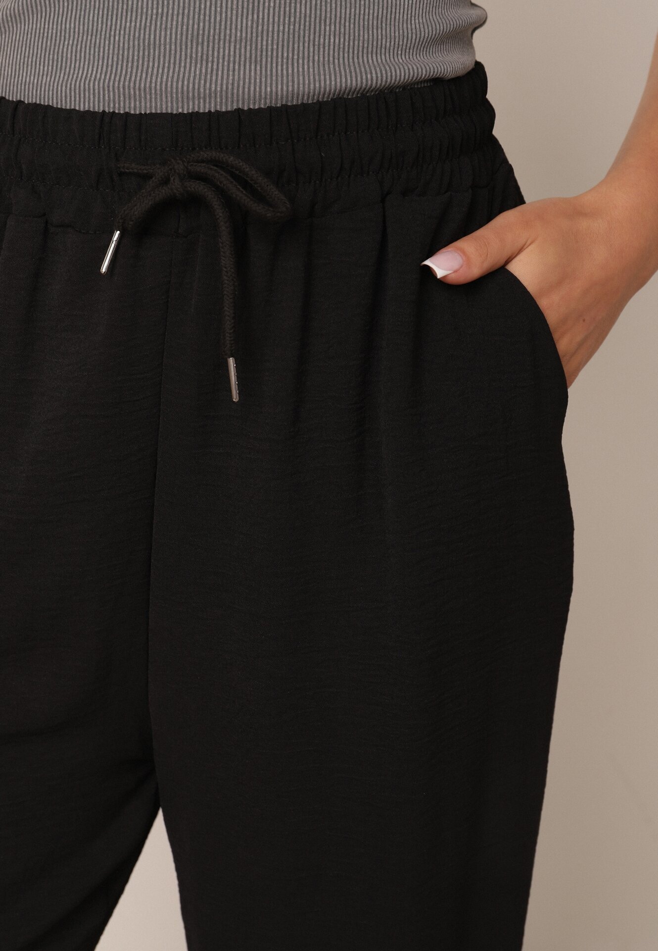 defox Pantaloni Negri Lărgi cu Buzunare și Elastic în Talie și Șnur Enivia