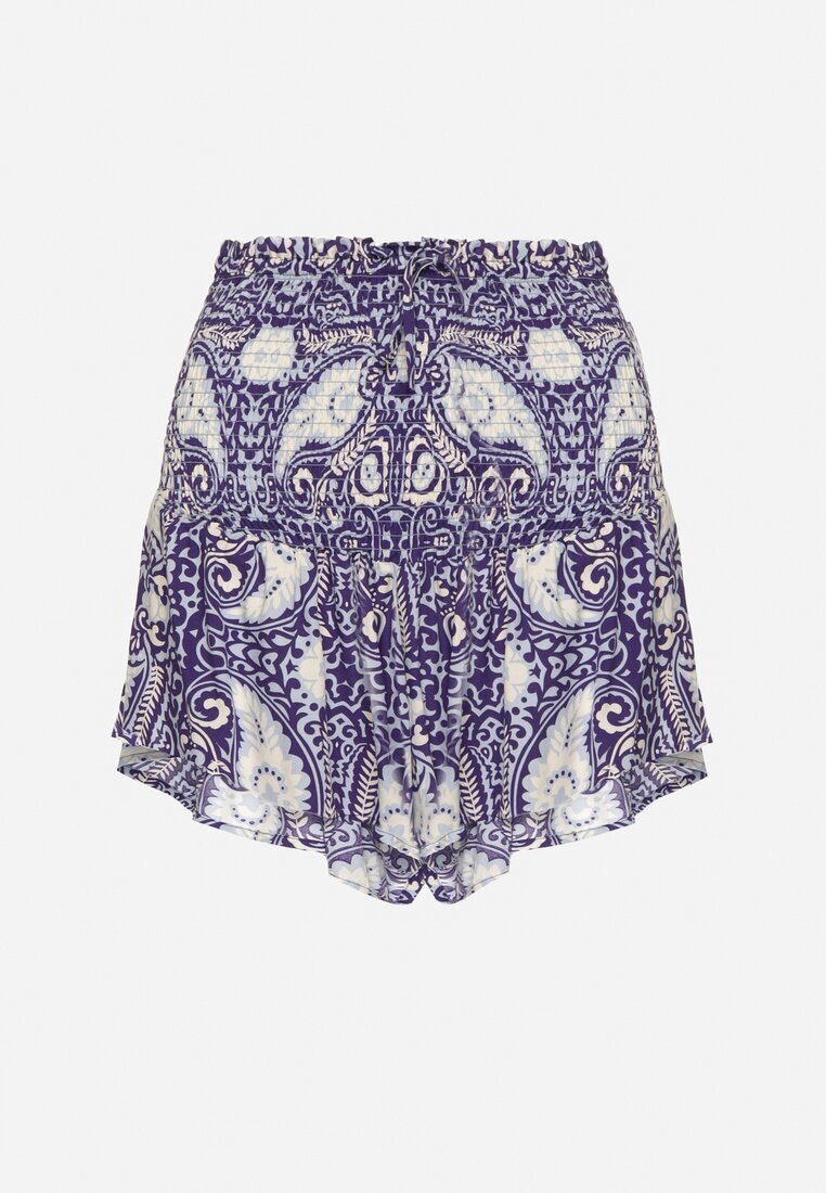 defox Pantaloni scurți Albaștri din bumbac cu talie înaltă și elastic în talie cu imprimeu Paisley Jenanellis