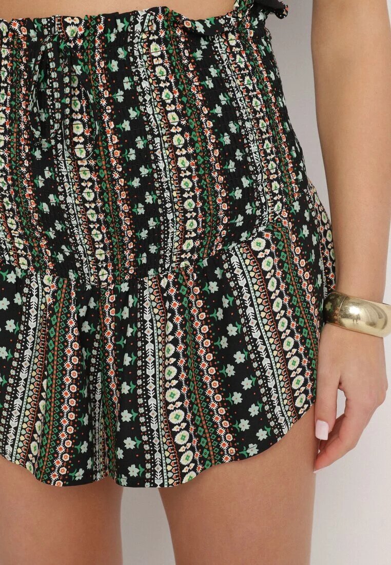 defox Pantaloni scurți Negru-Verde din Bumbac cu Talie Înaltă și Model Geometric Velsedi