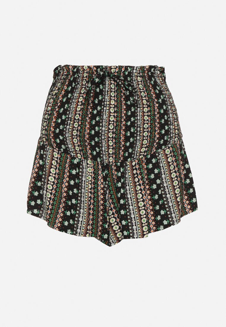 defox Pantaloni scurți Negru-Verde din Bumbac cu Talie Înaltă și Model Geometric Velsedi
