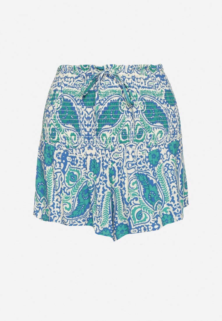 defox Pantaloni scurți verzi din Bumbac cu Talie Înaltă și Benzi Elastice în Talie cu Model Paisley Jenanellis