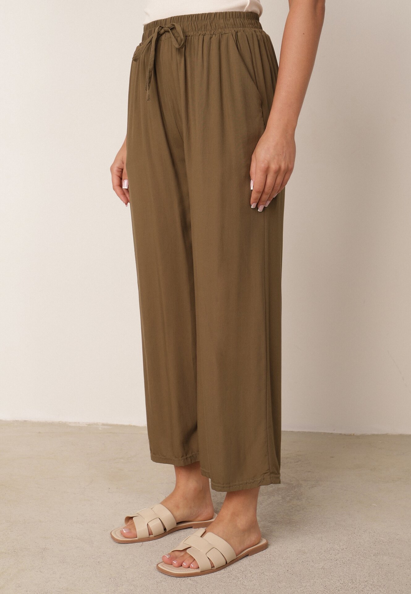 defox Pantaloni Verde închis din bumbac cu picioare largi Palazzo cu elastic în talie Nesira