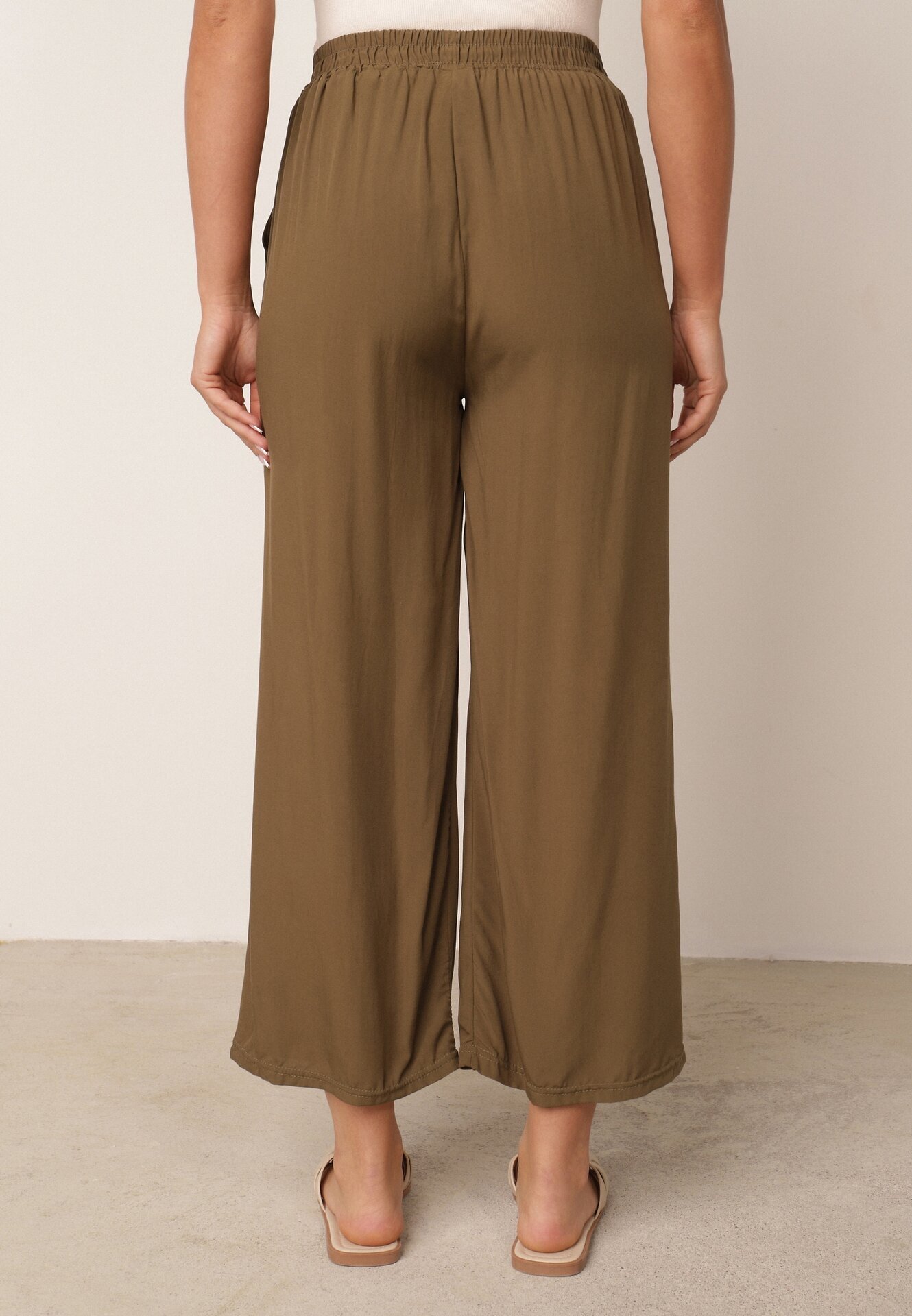 defox Pantaloni Verde închis din bumbac cu picioare largi Palazzo cu elastic în talie Nesira