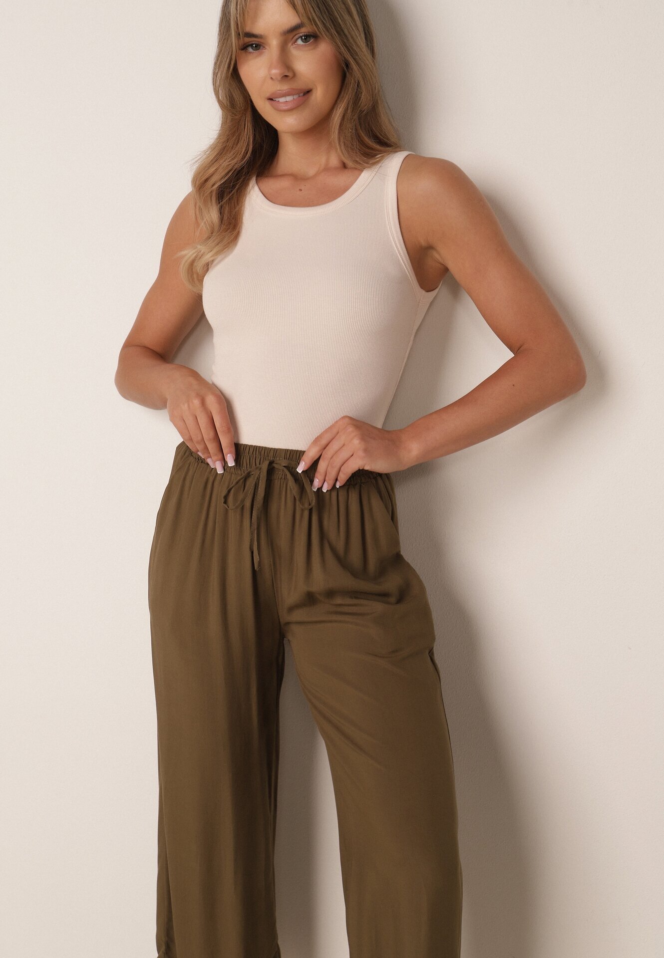defox Pantaloni Verde închis din bumbac cu picioare largi Palazzo cu elastic în talie Nesira