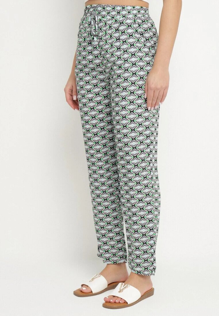 defox Pantaloni Verzi din Bumbac cu Elastic în Talie și Buzunare cu Model Geometric Lisadelia