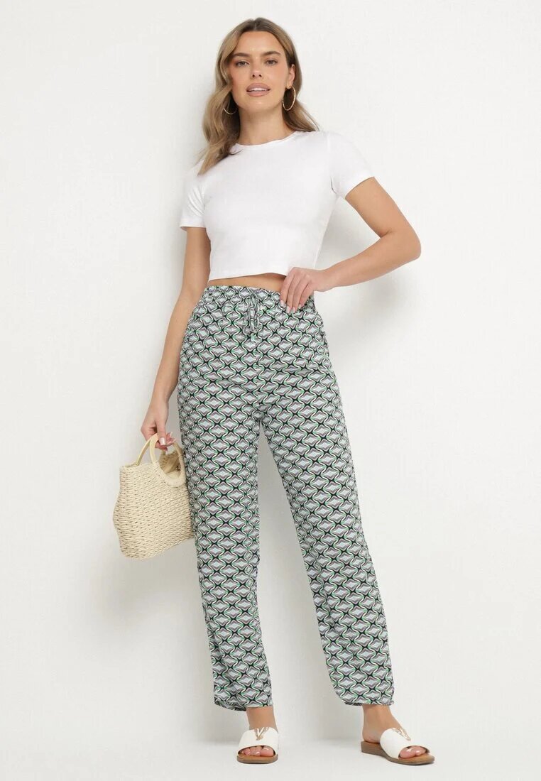 defox Pantaloni Verzi din Bumbac cu Elastic în Talie și Buzunare cu Model Geometric Lisadelia