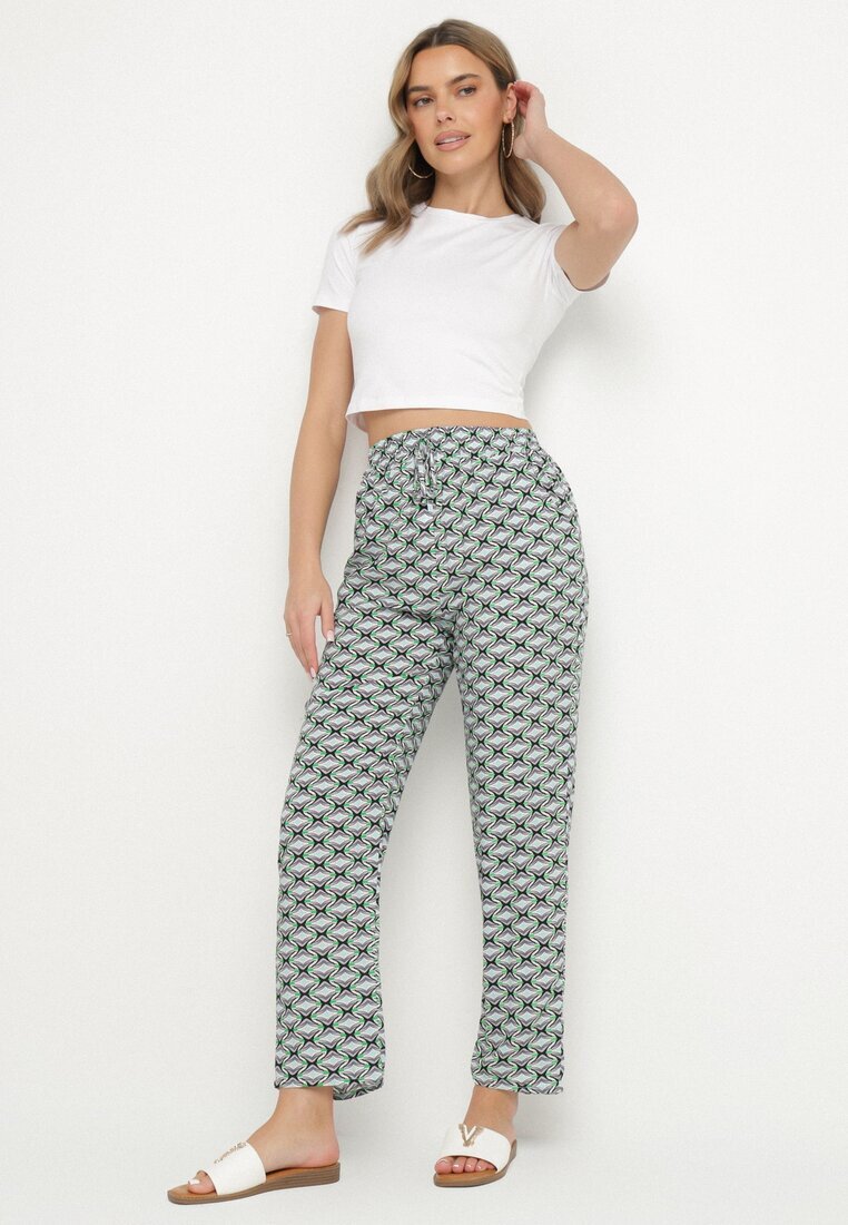 defox Pantaloni Verzi din Bumbac cu Elastic în Talie și Buzunare cu Model Geometric Lisadelia