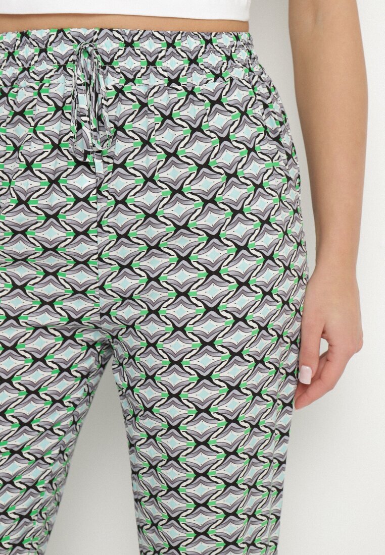 defox Pantaloni Verzi din Bumbac cu Elastic în Talie și Buzunare cu Model Geometric Lisadelia
