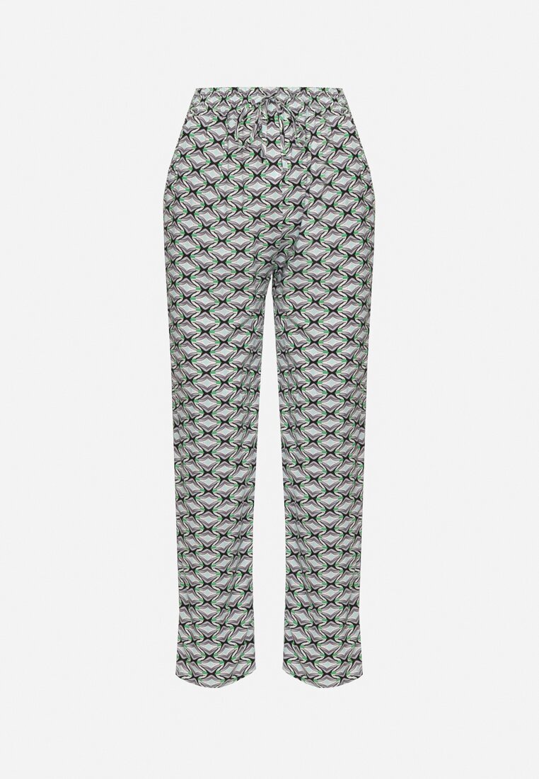 defox Pantaloni Verzi din Bumbac cu Elastic în Talie și Buzunare cu Model Geometric Lisadelia