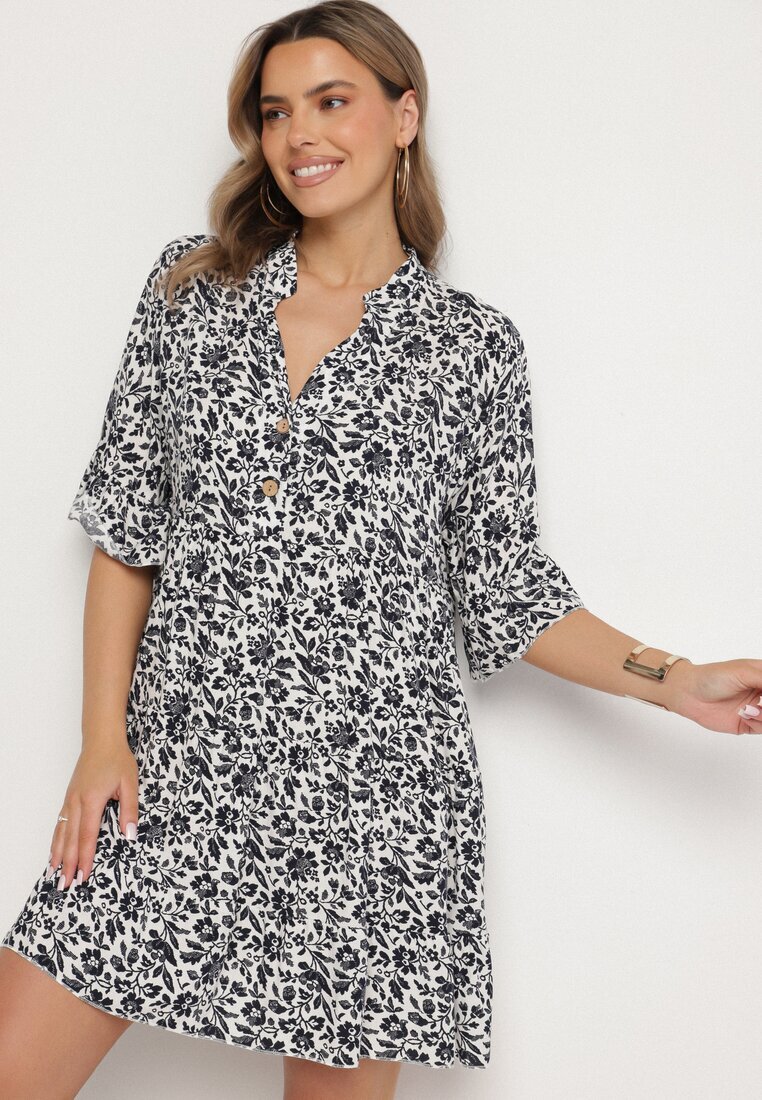 defox Rochie Alb-Bleumarin Din Bumbac Cu Flori Cu Croială Cloș Jenaleira