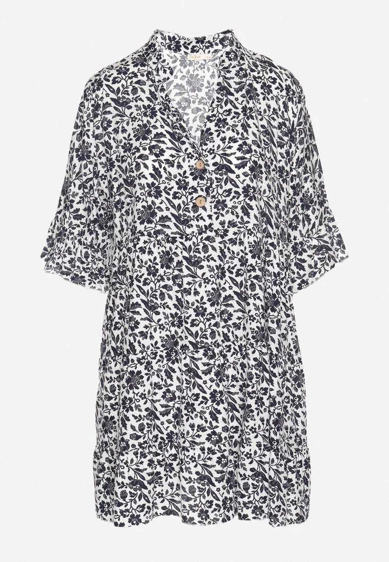 defox Rochie Alb-Bleumarin Din Bumbac Cu Flori Cu Croială Cloș Jenaleira