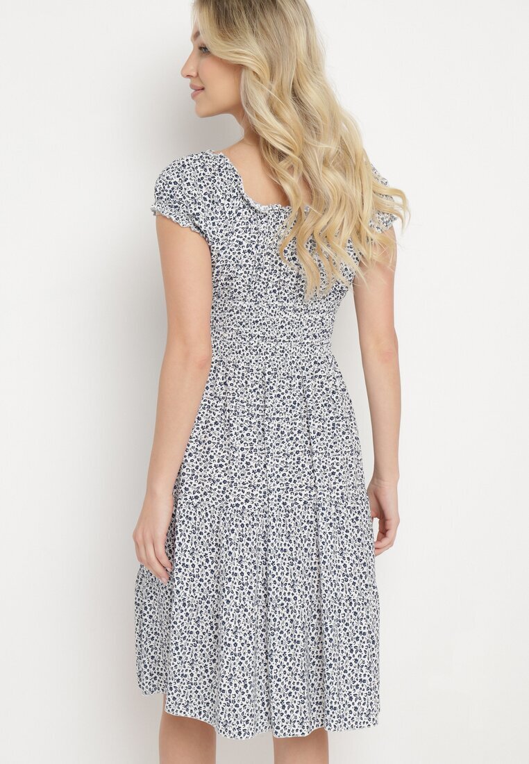 defox Rochie Alb-Bleumarin Din bumbac cu Flori Mici cu Elastic în Talie Fielita