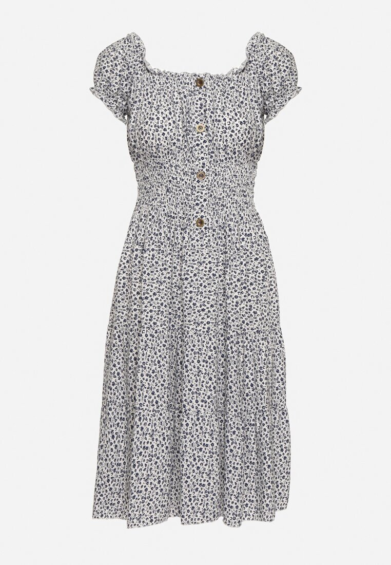 defox Rochie Alb-Bleumarin Din bumbac cu Flori Mici cu Elastic în Talie Fielita