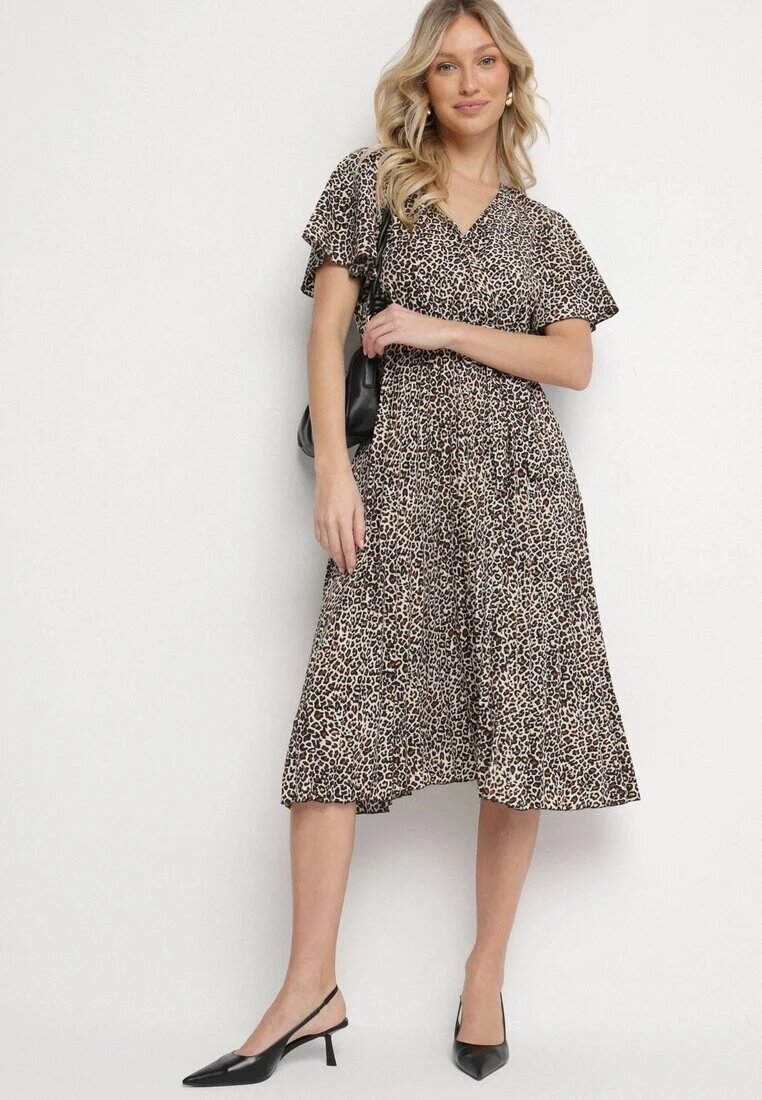 defox Rochie Alb-Negru cu imprimeu leopard cu croială petrecută și cordon legat Filinne