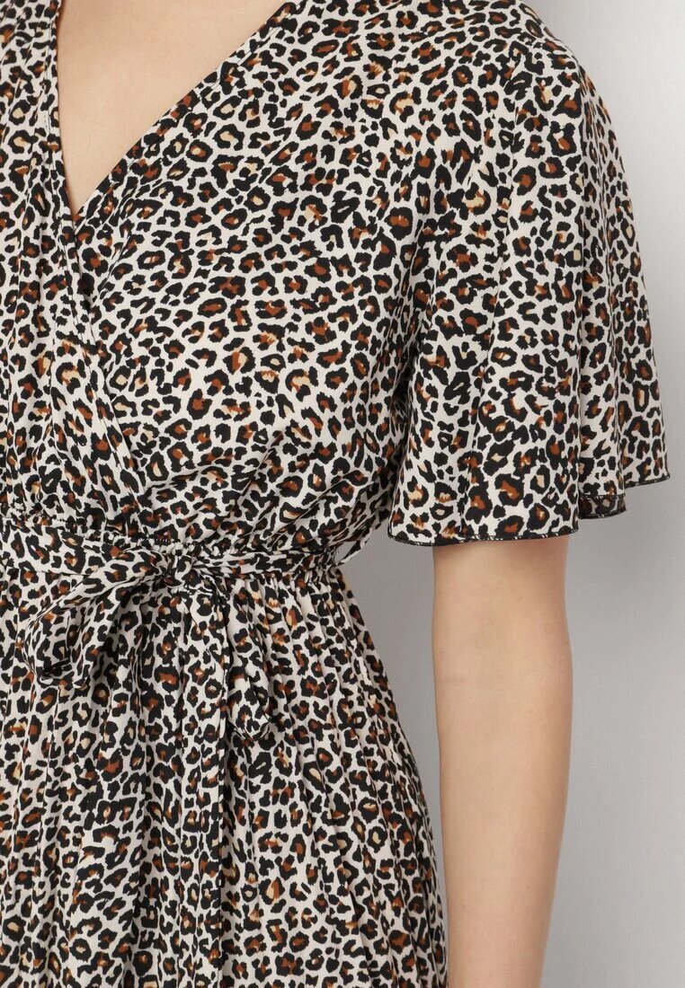 defox Rochie Alb-Negru cu imprimeu leopard cu croială petrecută și cordon legat Filinne