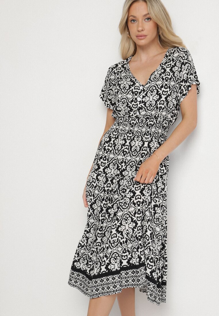 defox Rochie Alb-Negru din Bumbac Clopot cu Model Paisley Lanadira