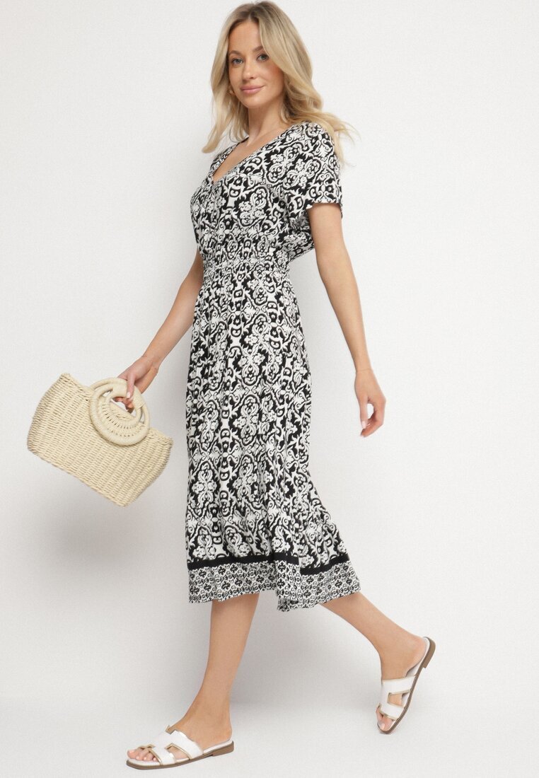 defox Rochie Alb-Negru din Bumbac Clopot cu Model Paisley Lanadira