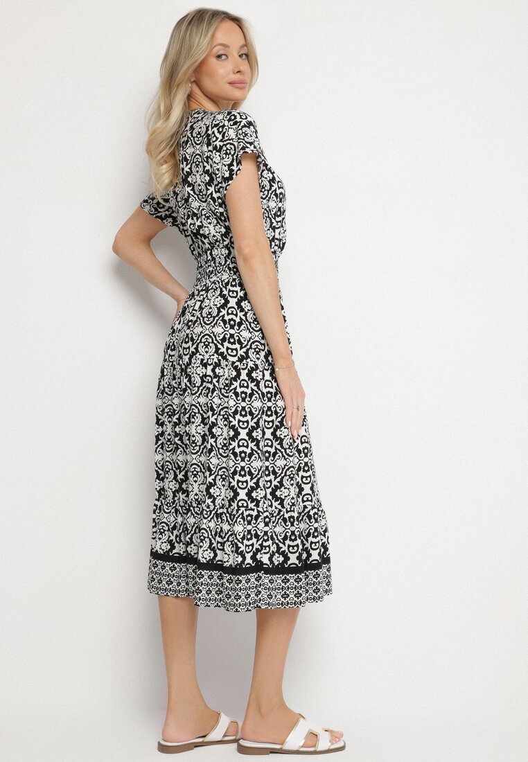 defox Rochie Alb-Negru din Bumbac Clopot cu Model Paisley Lanadira