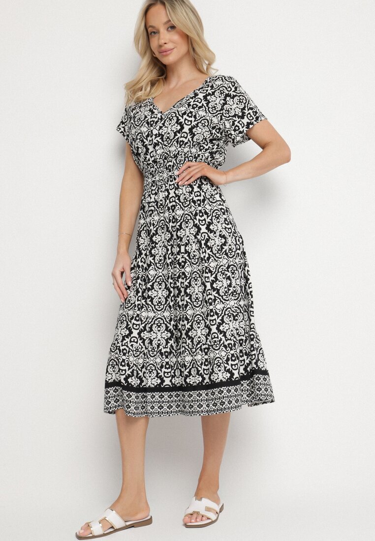 defox Rochie Alb-Negru din Bumbac Clopot cu Model Paisley Lanadira