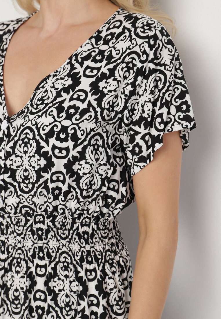 defox Rochie Alb-Negru din Bumbac Clopot cu Model Paisley Lanadira