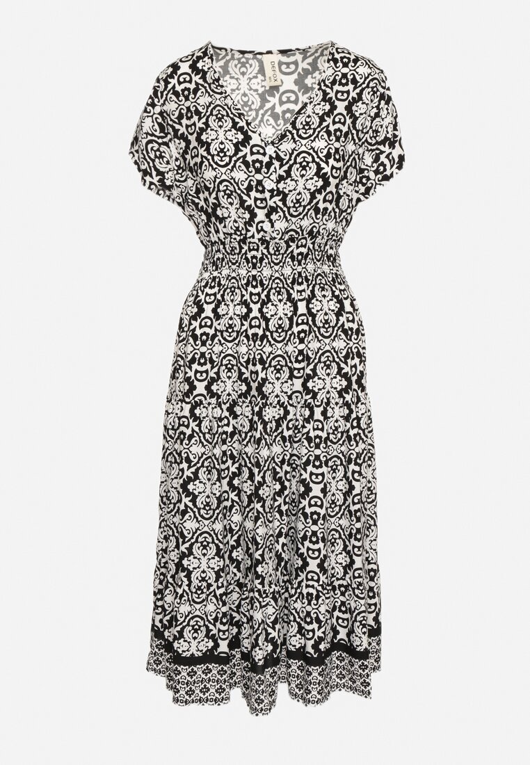 defox Rochie Alb-Negru din Bumbac Clopot cu Model Paisley Lanadira