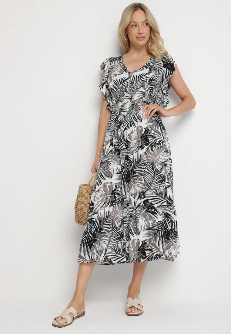 defox Rochie Alb-Negru Evazată cu Imprimeu Floral din Bumbac Lanioreta