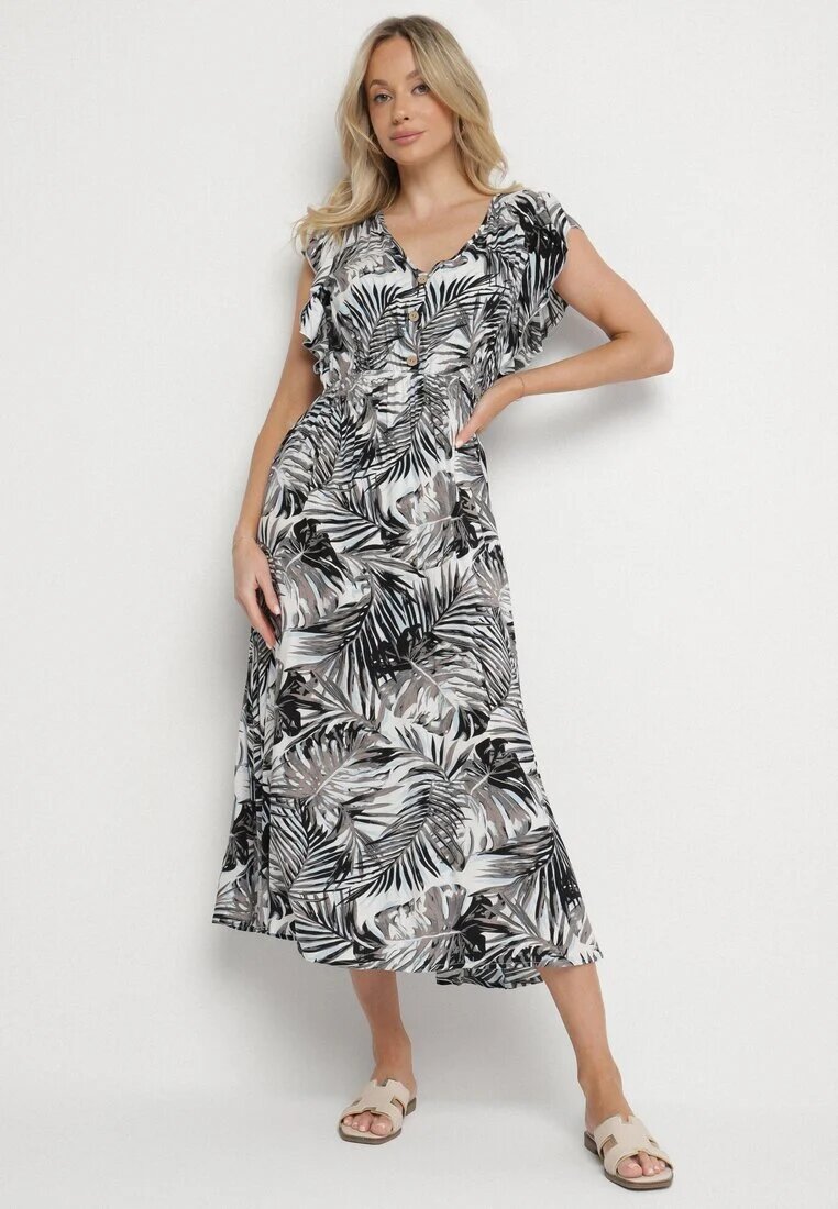 defox Rochie Alb-Negru Evazată cu Imprimeu Floral din Bumbac Lanioreta